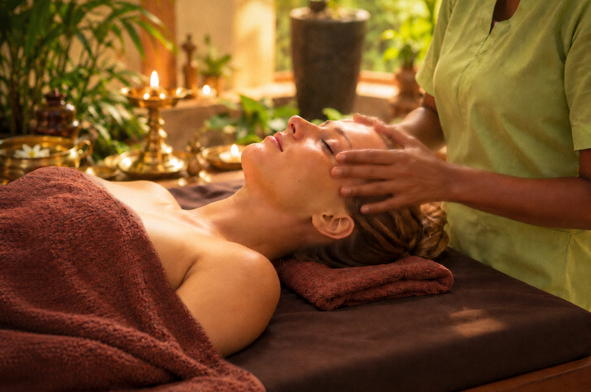 Gästin bei einer entspannenden und verjüngenden Ayurveda Gesichtsmassage im Lanka Ayurveda Garden auf Sri Lanka.